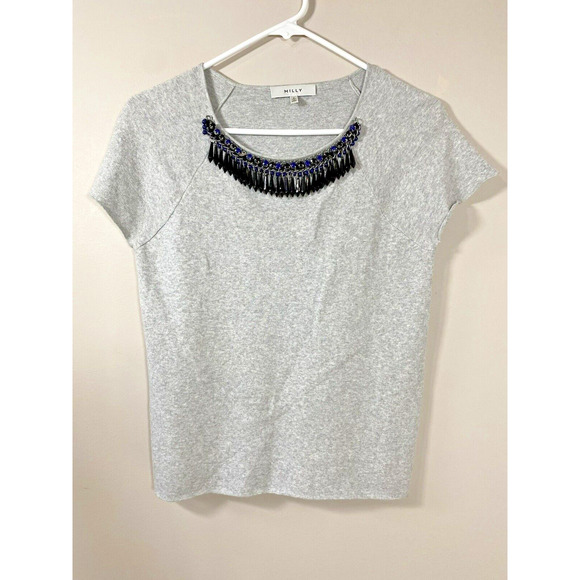 Milly Gray Short Sleeve Knit Top‎ Embellished Black Blue Beads Size P(0-2) - Picture 1 of 10